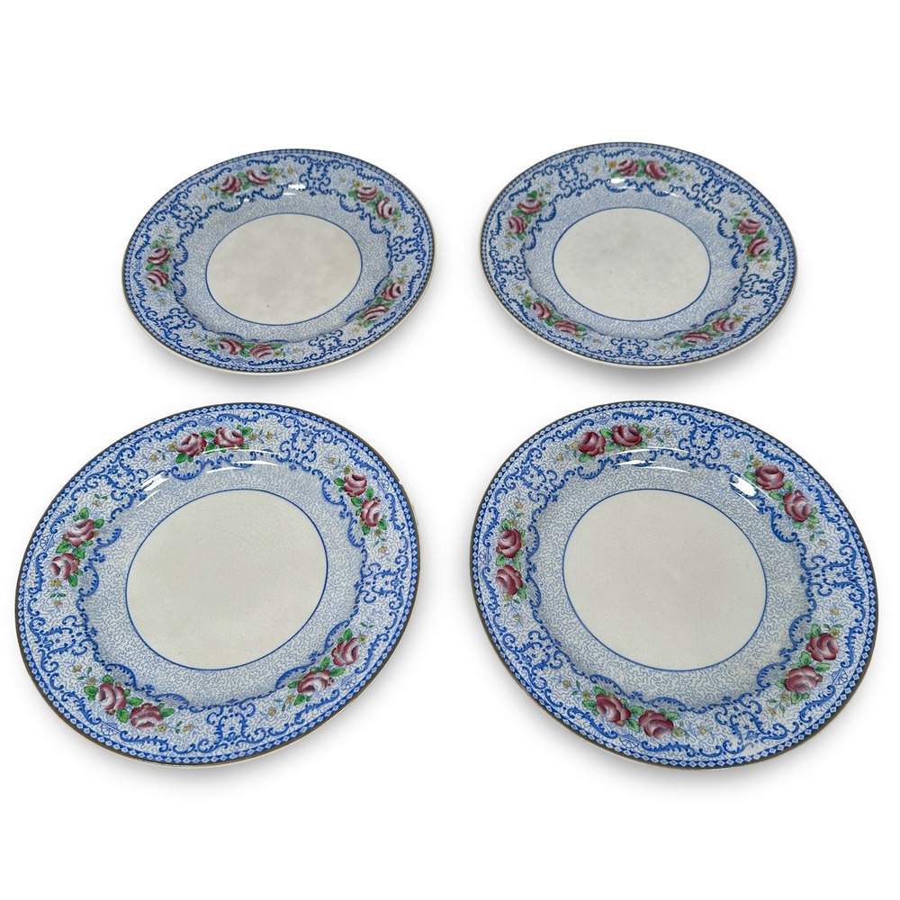 W.H. Grindley The Silistria Antique Blue Transferware Rose Salad Plates Set of 4